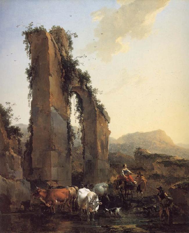 BERCHEM, Nicolaes Peasants with Four Oxen and a Goat at a Ford by a Ruined Aqueduct oil painting image